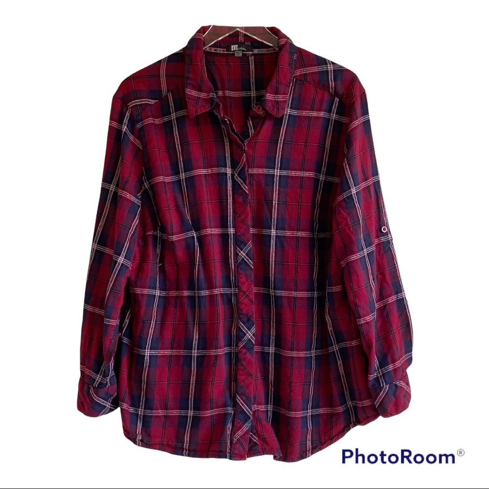 Kut from the Kloth Plaid Back Button Detail Flannel Shirt Size 1X